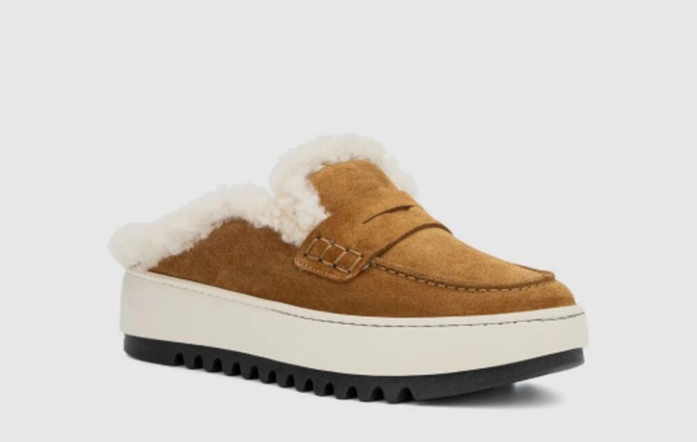 Aquatalia Amata Shearling Platform Loafer Mules in Camel Cozycore Minimalist